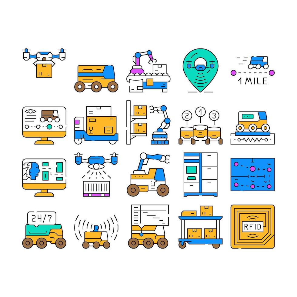 autonomous robot delivery icons set vector