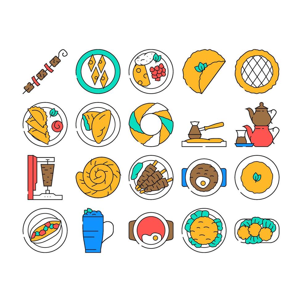 turkish cuisine food dinner icons set vector