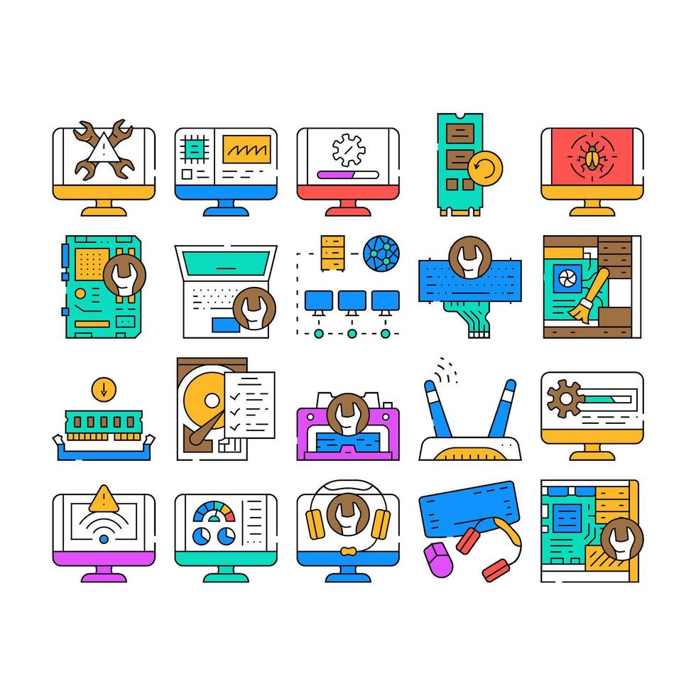 computer repair technician pc icons set vector