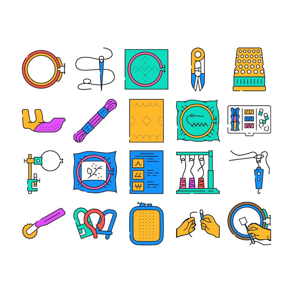 embroidery thread fabric needle icons set vector