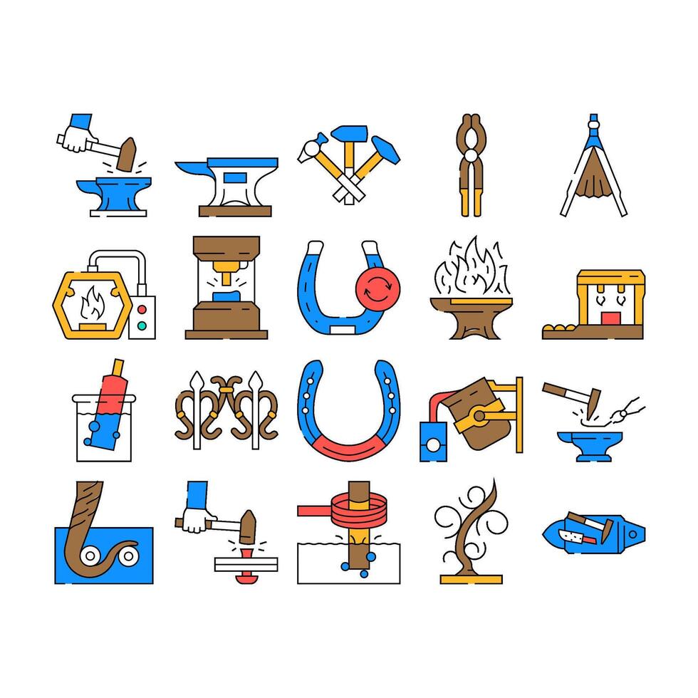 blacksmith forge anvil work icons set vector
