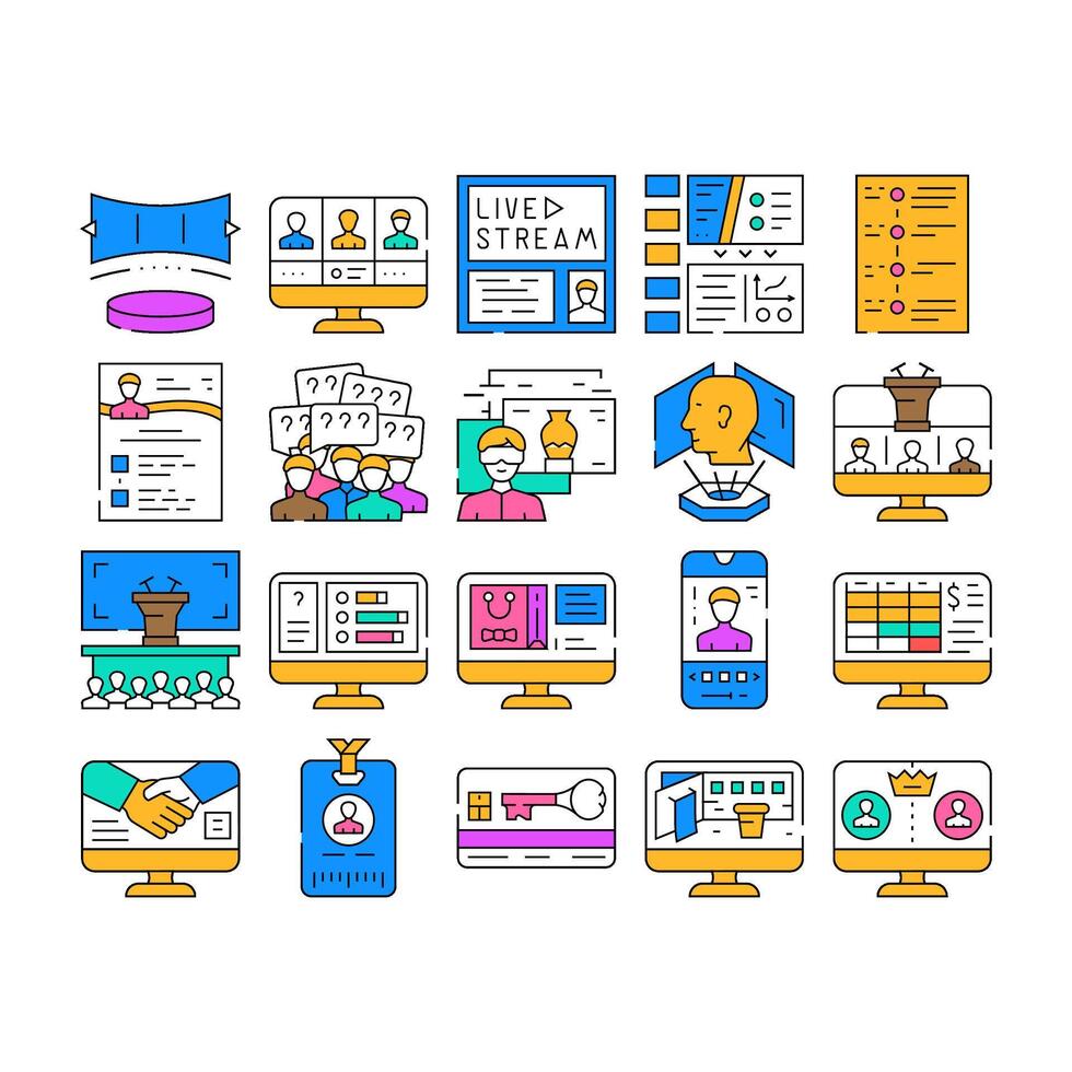 virtual conference event online icons set vector
