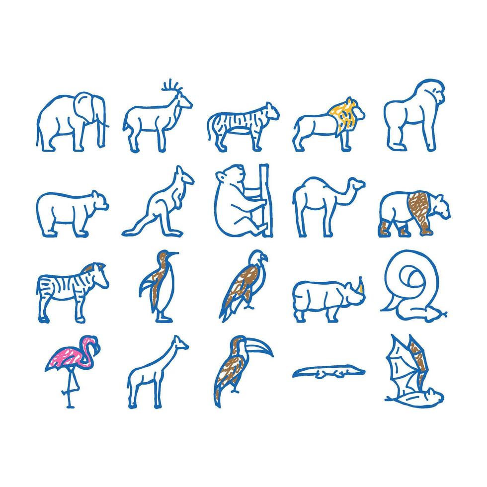 zoo animals, birds and snake icon hand drawn vector