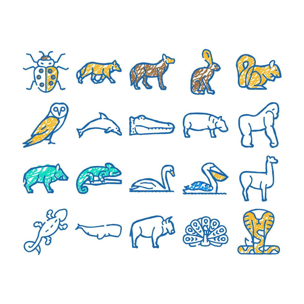 wild animals, birds and insects icon hand drawn vector