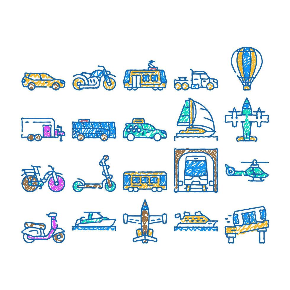 transport vehicle and flying icon hand drawn vector