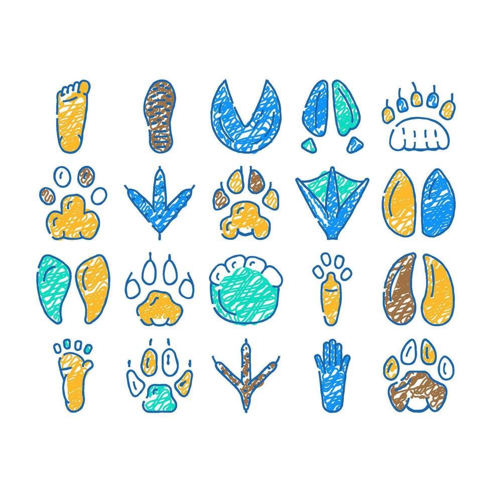 hoof print animal, bird and human shoe set icon hand drawn vector
