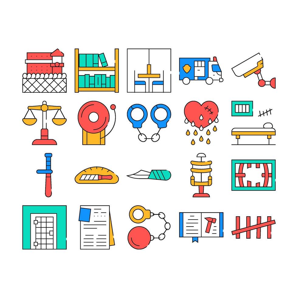 Prison Building And Accessory Icons Set vector
