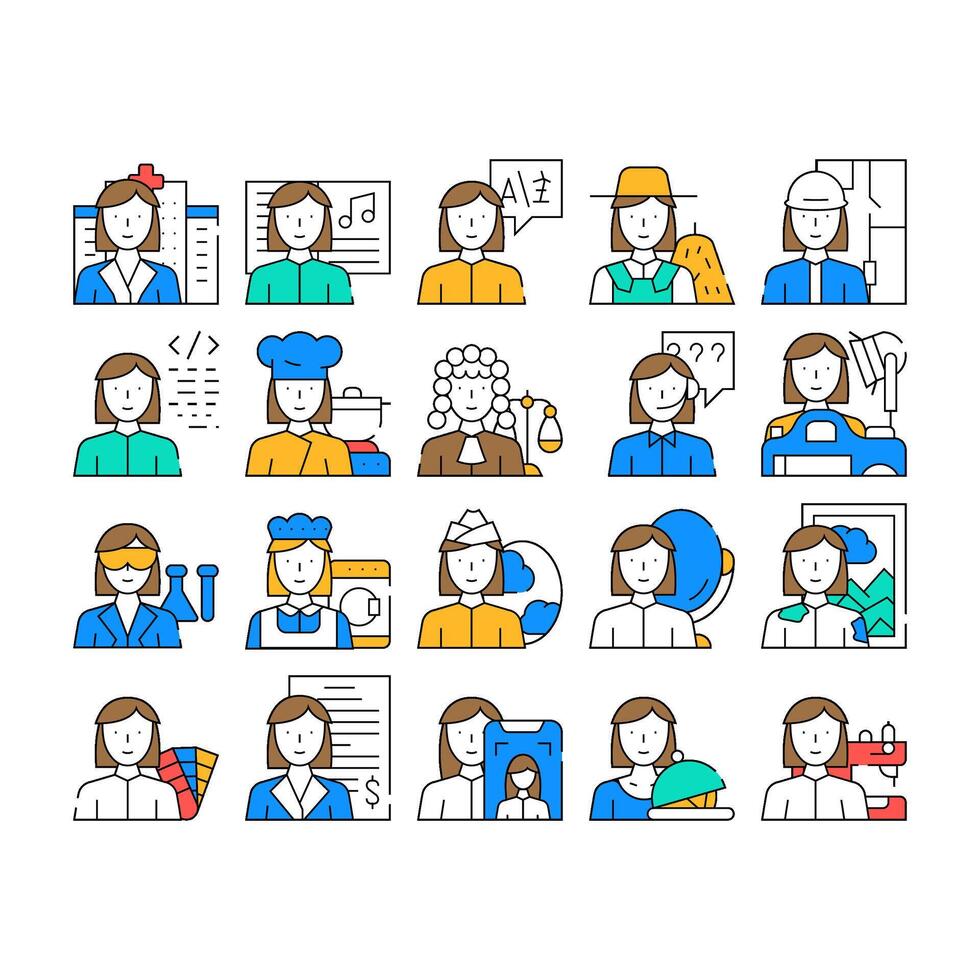 Female Occupation Collection Icons Set Illustration vector