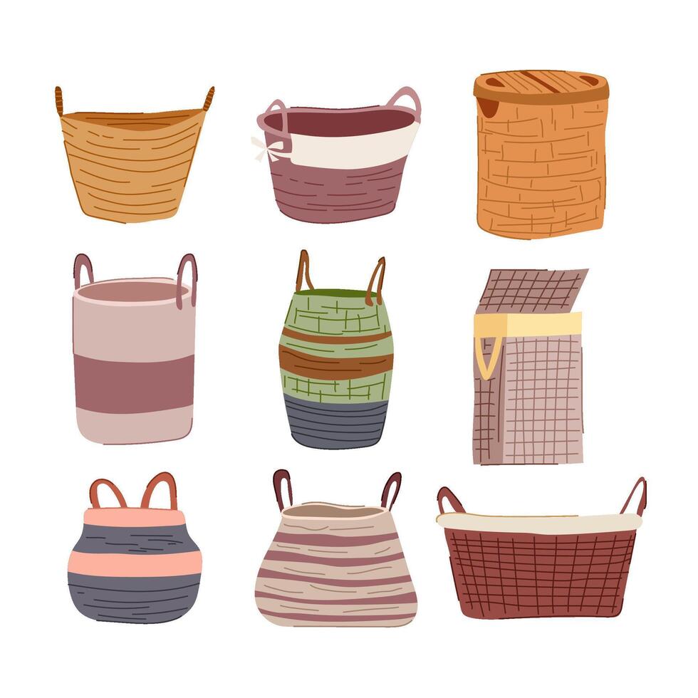 wicker laundry basket set cartoon illustration vector