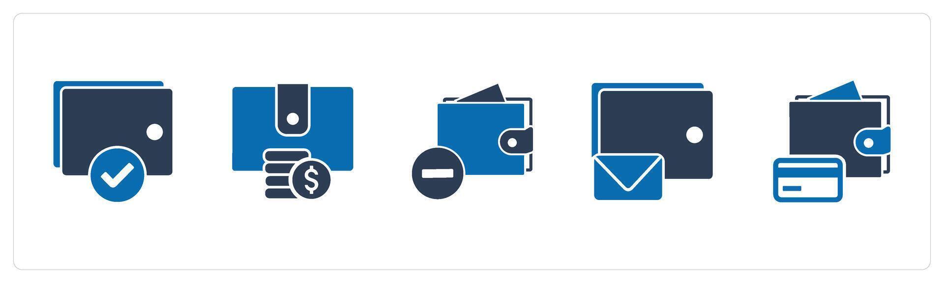A set of 5 Business icon as favorite wallet, wallet settings, wallet notification vector