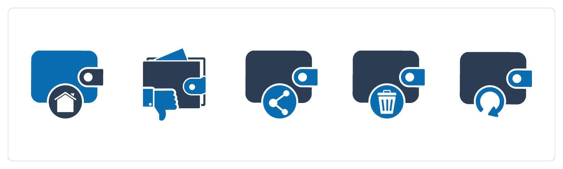 A set of 5 Business icon as money wallet, dislike wallet, share wallet vector