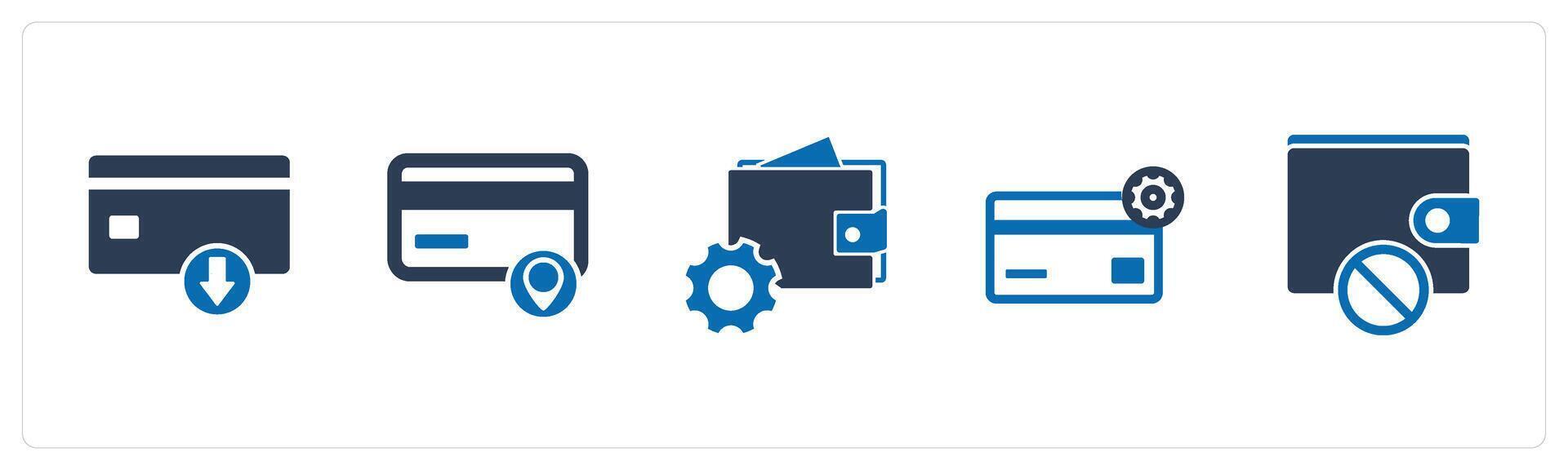 A set of 5 Business icon as download card, card location, wallet settings vector