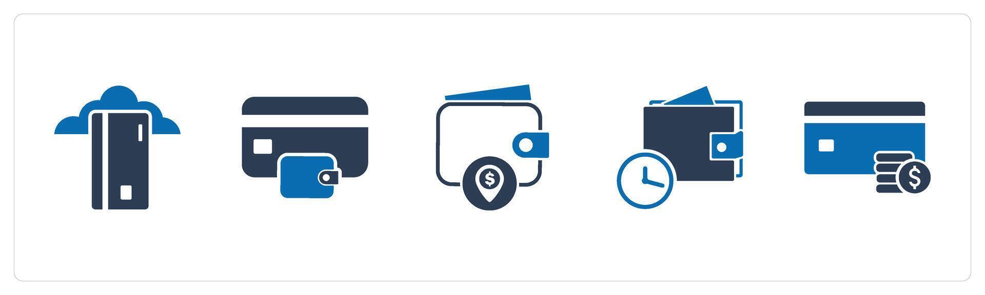 A set of 5 Business icons as cloud card, shopping wallet, money wallet vector