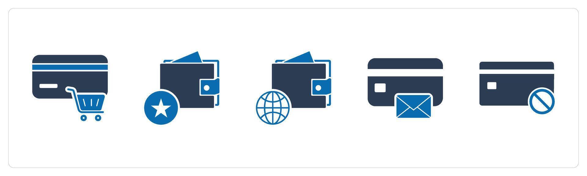 A set of 5 Business icons as shopping discount, favorite wallet, global money vector