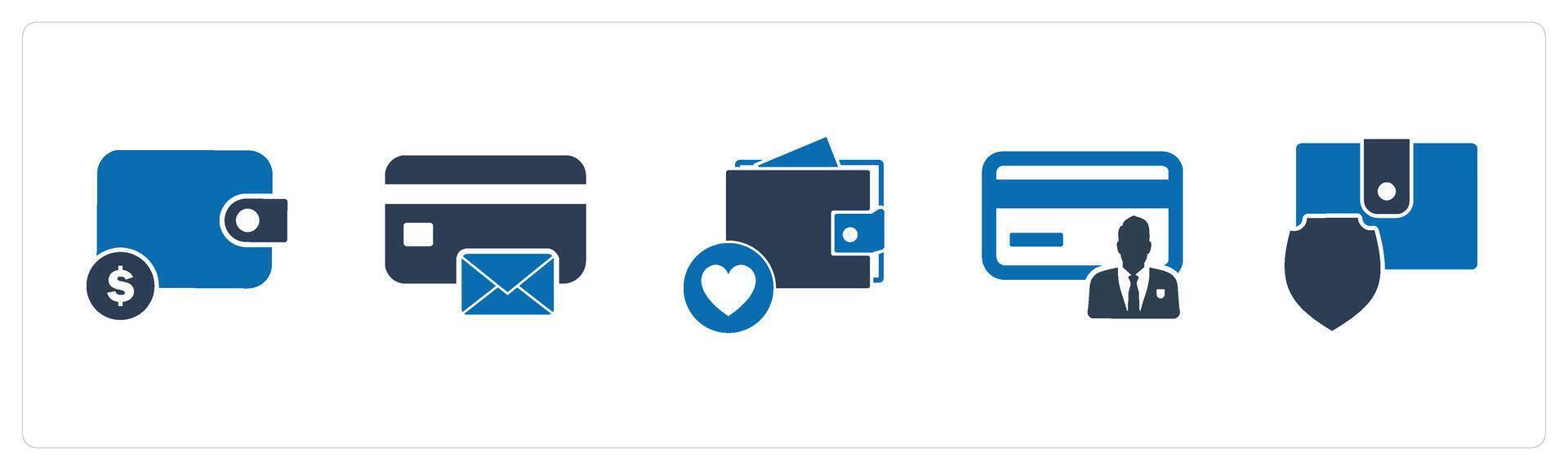 A set of 5 Business icons as wallet, card message, favorite wallet vector