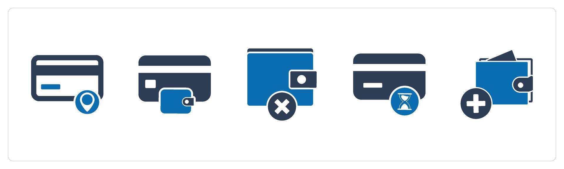 A set of 5 Business icons as card location, shopping wallet, no money vector