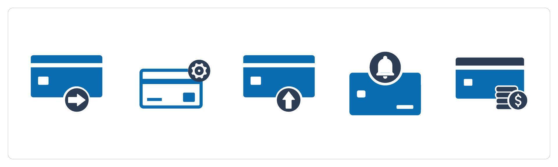 A set of 5 Business icons as send card, card settings, upload card vector