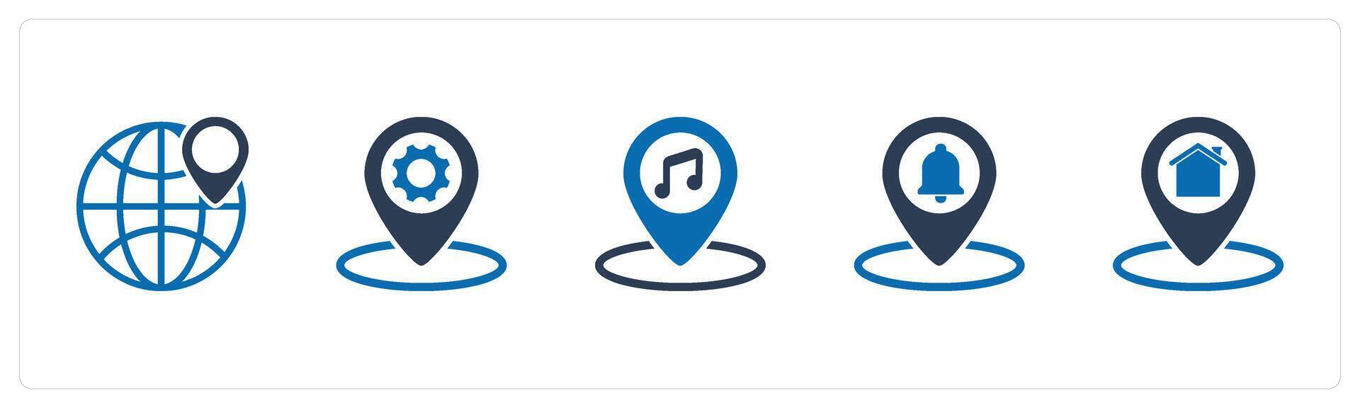 A set of 5 Business icons as global location, location setting, music location vector