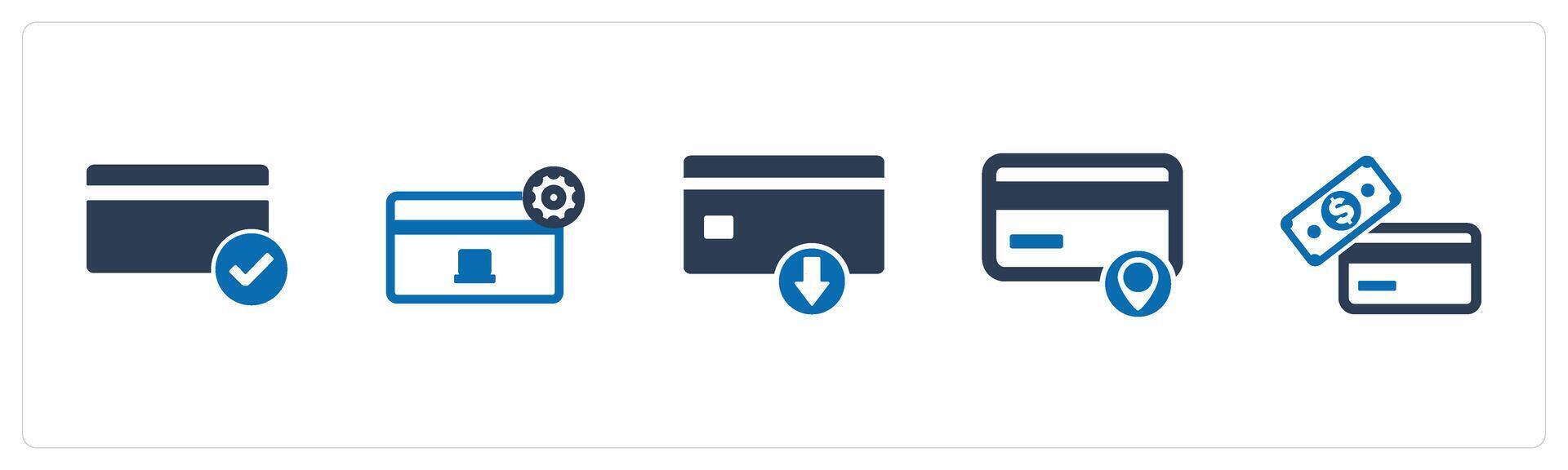 A set of 5 Business icons as approved card, card settings, download card vector