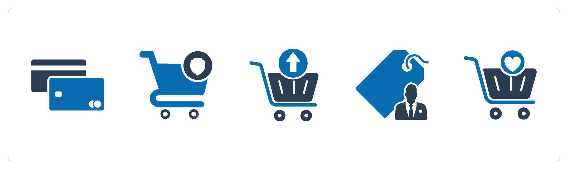 A set of 5 Business icons as credit card, cart security, upload cart vector