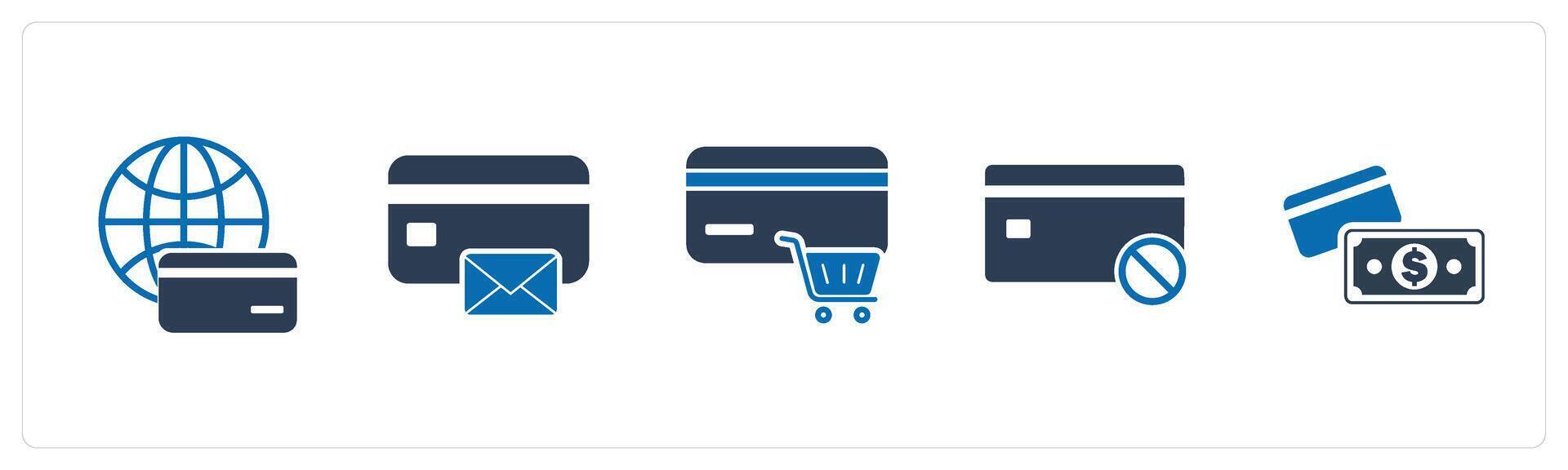 A set of 5 Business icons as global card, card message, shopping discount vector