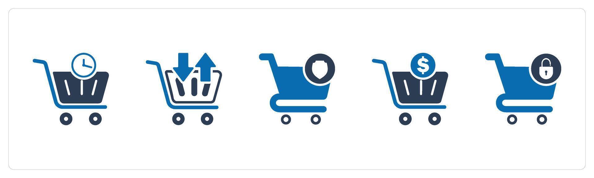 A set of 5 Business icons as shopping time, synchronize cart, cart security vector