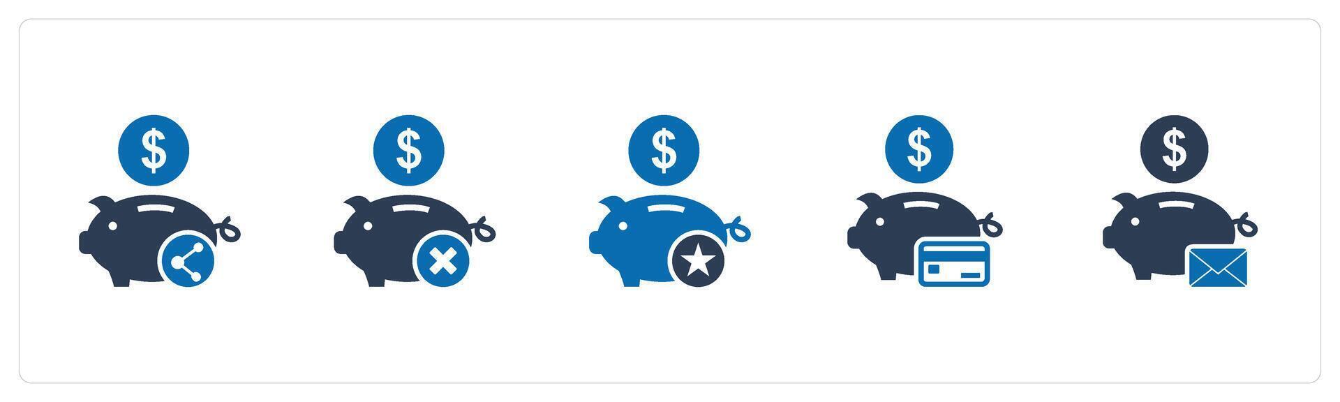 A set of 5 business icons as share savings, remove savings, favorite piggy bank vector