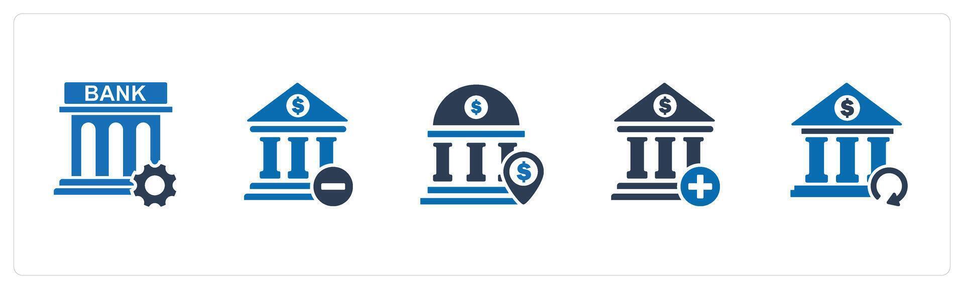 A set of 5 business icons as bank renovate, remove bank, bank location vector