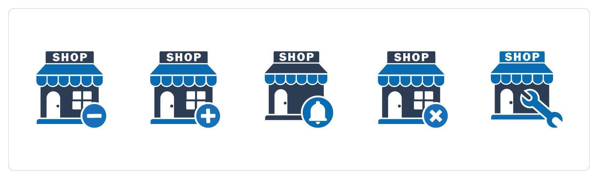 A set of 5 business icons as remove store, add store, store notification vector