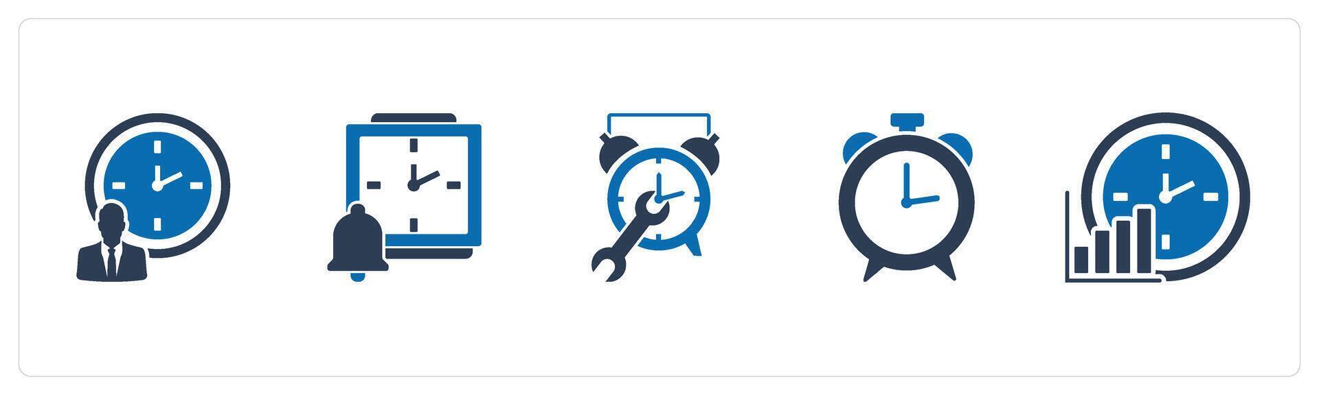 A set of 5 business icons as time management, time notification, time settings, vector