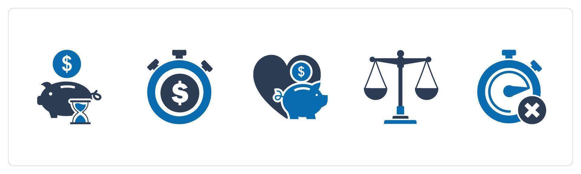 A set of 5 business icons as time is money, favorite bank, justice vector