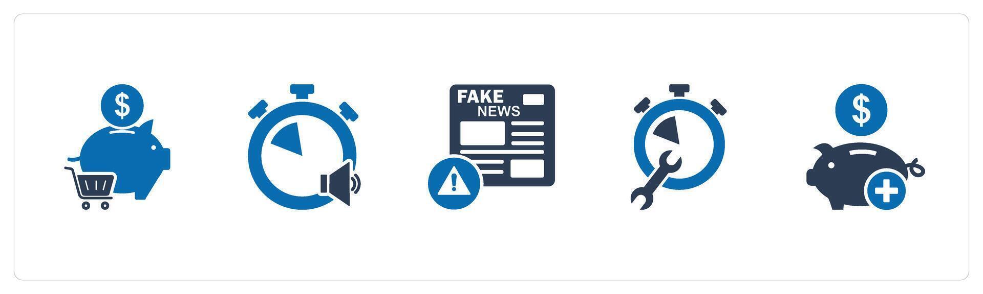 A set of 5 business icons as online shopping, speaker time, fake news vector