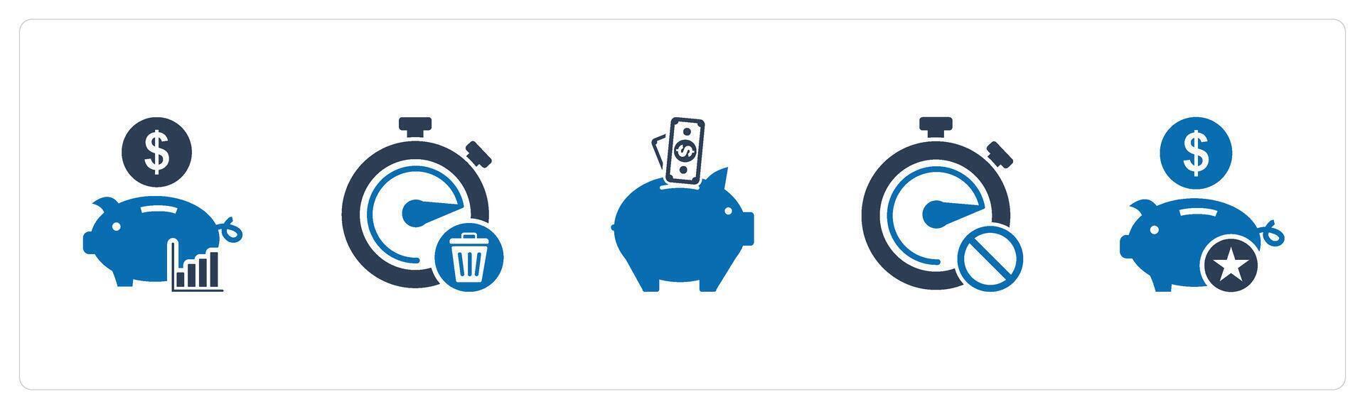 A set of 5 business icons as revenue banking, waste of time, piggy bank vector