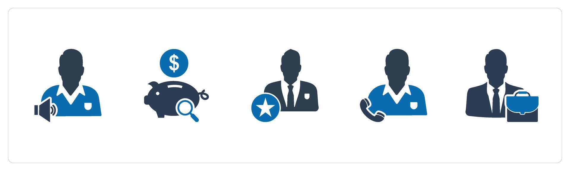 A set of 5 business icons as listening music, search savings, star employee vector