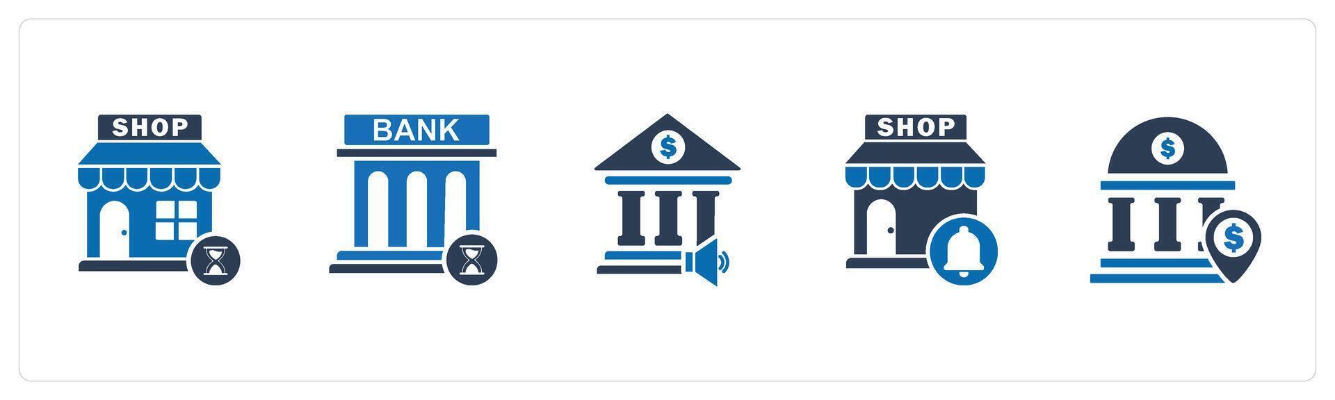 A set of 5 business icons as shopping time, bank time, bank speaker vector