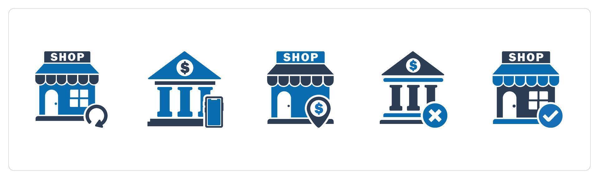 A set of 5 business icons as update store, digital banking, revenue store vector
