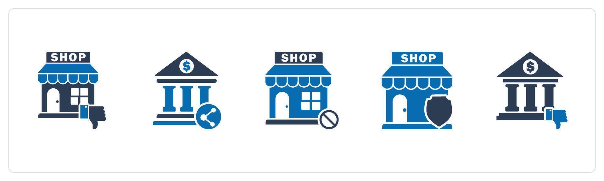 A set of 5 business icons as dislike store, bank share, prohibited shopping vector