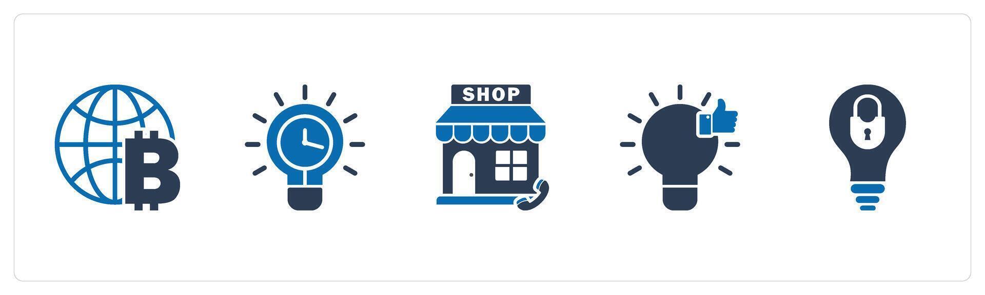 A set of 5 business icons as global currency, time management, calling store vector