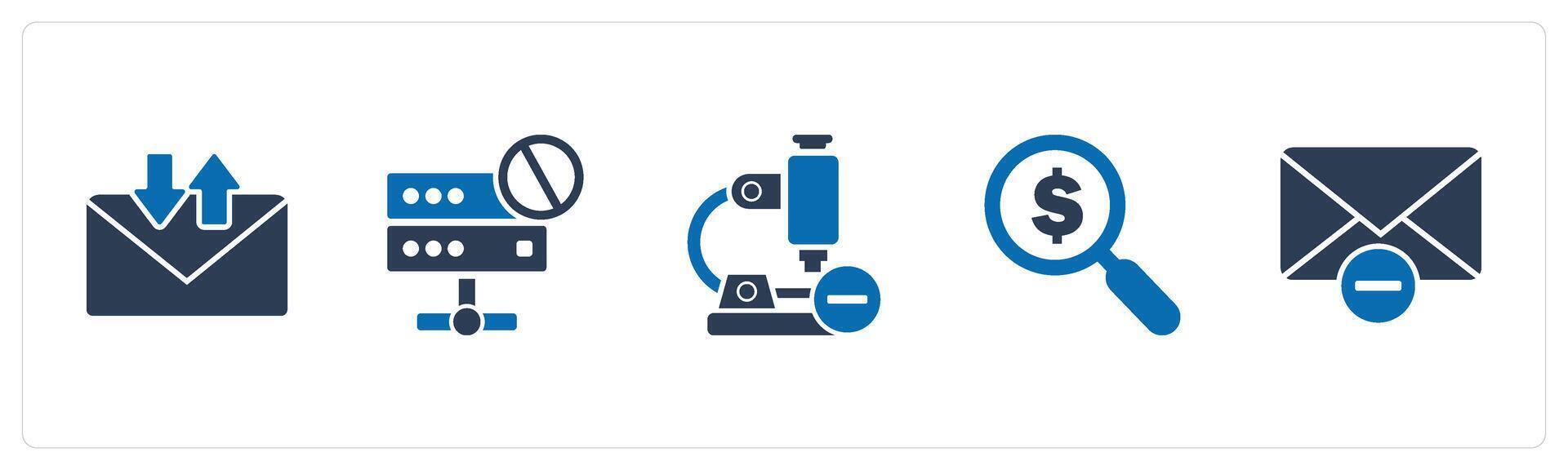 A set of 5 business icons as message, server prohibition, remove microscope vector