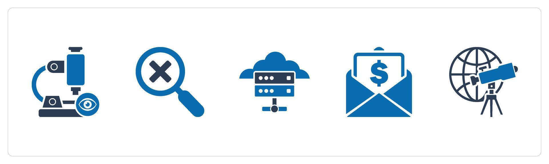 A set of 5 business icons as view microscope, wrong search, cloud server vector