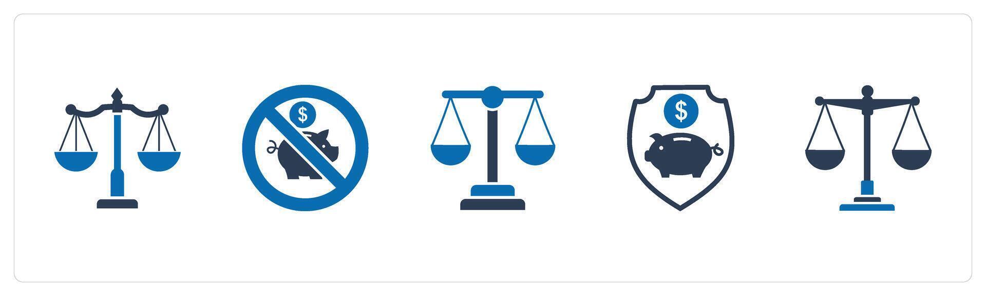 A set of 5 business icons as balance, savings prohibited, legal vector