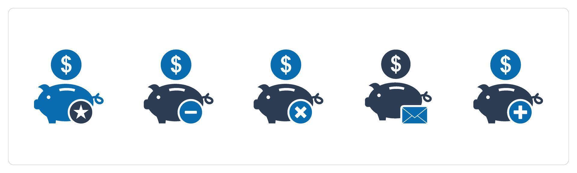 A set of 5 business icons as favorite piggy bank, remove savings, savings message vector