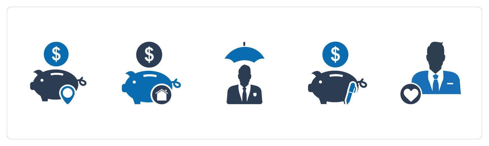 A set of 5 business icons as bank location, bank savings, insurance premium vector