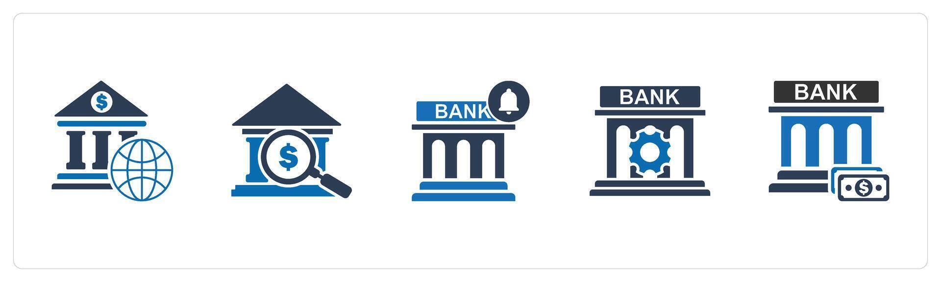 A set of 5 business icons as global banking, search bank, bank notification vector