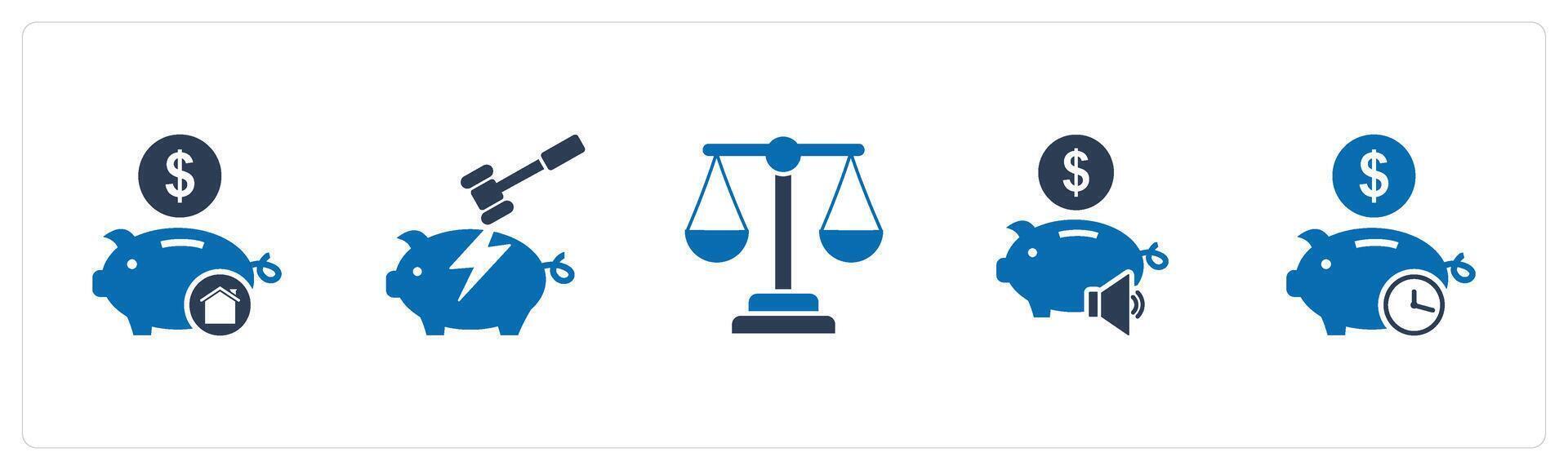 A set of 5 business icons as bank savings, savings broken, legal vector