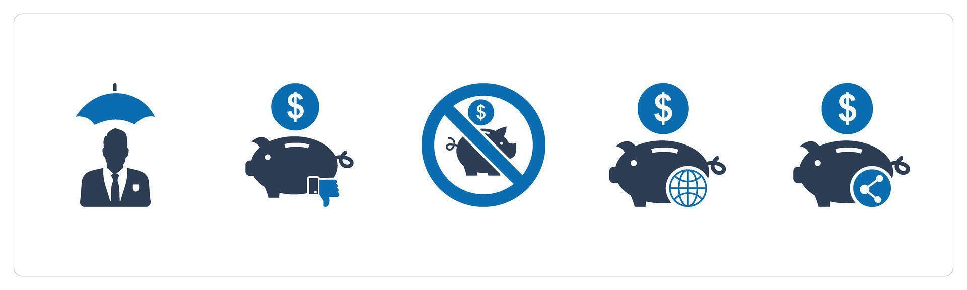 A set of 5 business icons as insurance premium, dislike bank, savings prohibited vector