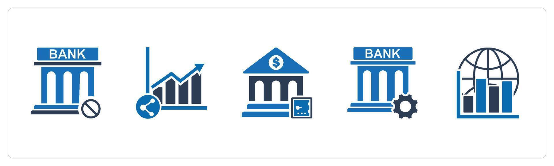 A set of 5 business icons as bank prohibited, share growth, bank locker, vector