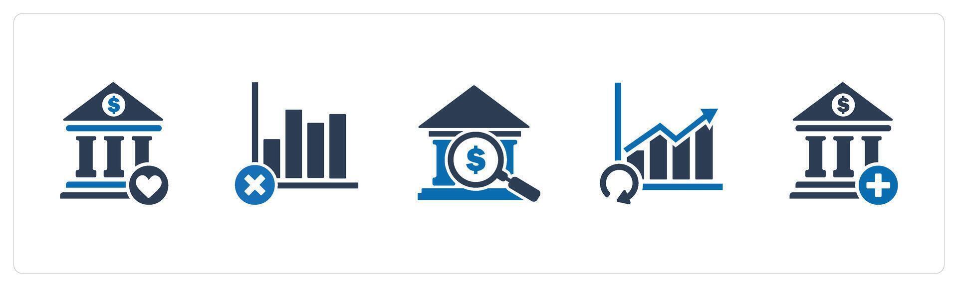 A set of 5 business icons as favorite bank, wrong growth, search bank vector