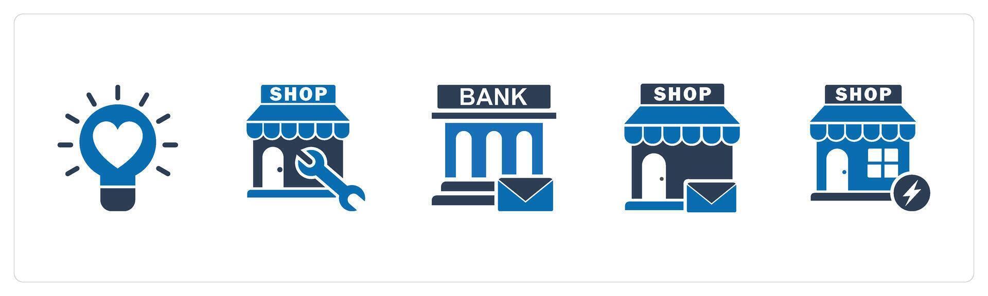 A set of 5 business icons as favorite idea, store repair, bank message vector