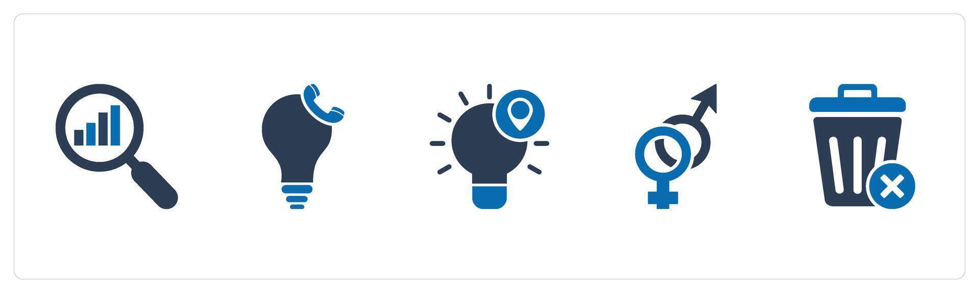 A set of 5 business icons as search analytics, calling idea, idea location vector